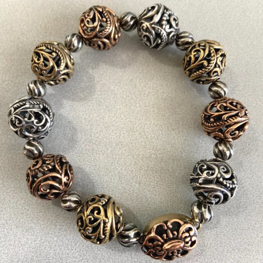 CAROLYN POLLACK Signature 7.5" 925 Bronze Brass Filigree Ball Bead Bracelet M